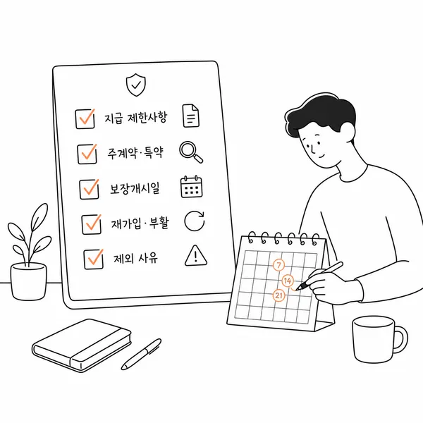 보험 가입 전 지급 제한사항, 주계약과 특약, 보장개시일, 재가입과 부활, 제외 사유를 확인하는 체크리스트