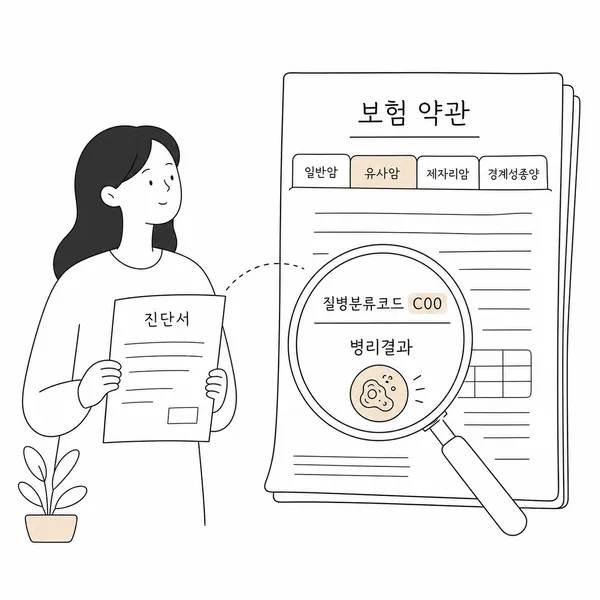 병원 진단서와 보험 약관상 암 분류를 비교하는 이미지