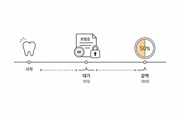 치아보험 면책기간과 감액기간을 달력 흐름으로 설명한 이미지