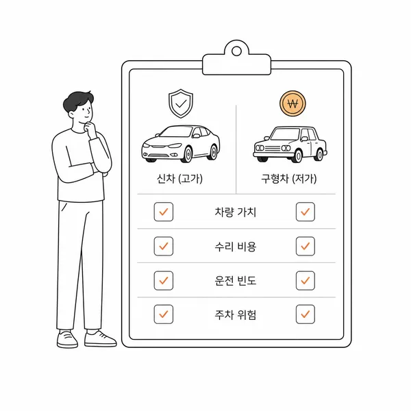신차와 오래된 차를 비교하며 자차보험 가입 기준을 체크하는 이미지