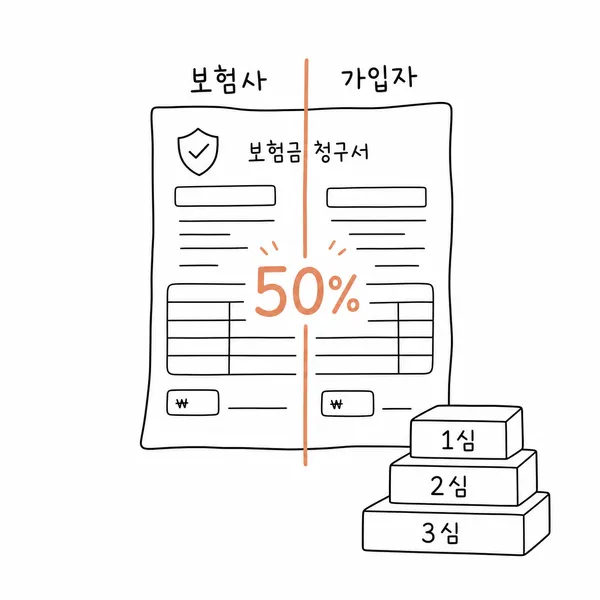 2026년 운전자보험 변호사선임비용 자기부담금 50%와 심급별 한도를 설명한 일러스트