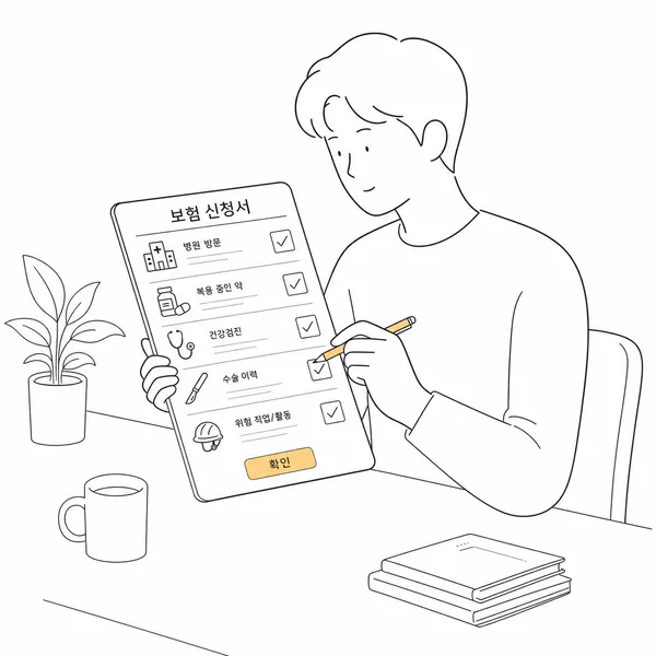 보험 청약서의 병원 방문, 약 복용, 건강검진, 수술, 위험 직무 항목을 확인하는 사람