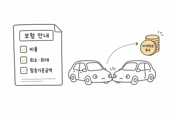 자기부담금 비율과 최소 최대 금액, 물적사고 할증기준금액을 함께 확인하는 보험 문서