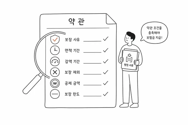 보험금 지급 조건을 약관 문서와 돋보기로 확인하는 그림