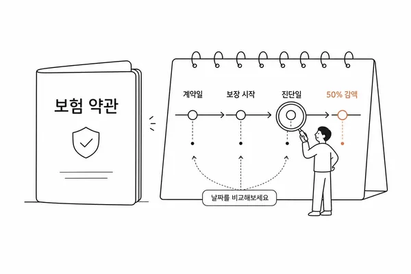 보험 약관과 보장개시일 진단일을 비교하는 달력
