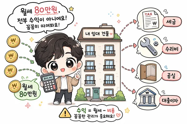 계산기를 든 투자자가 월세 수입과 세금, 수리비, 공실, 대출이자 지출을 함께 보는 그림
