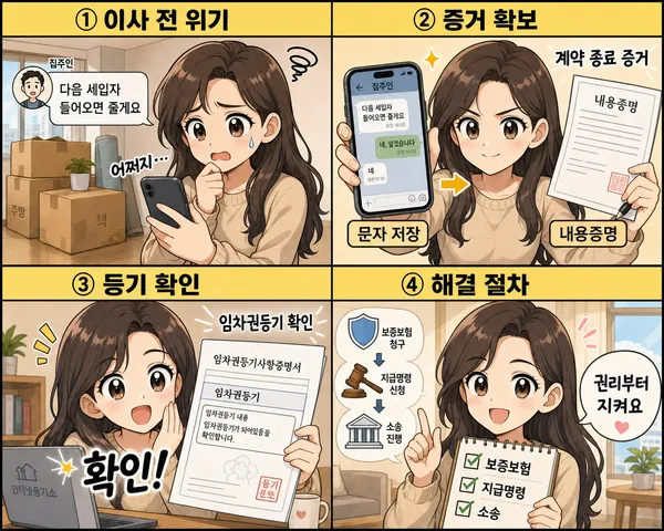 전세금 반환 지연 상황에서 증거 확보와 임차권등기 후 대응하는 순서를 보여주는 만화형 안내 이미지