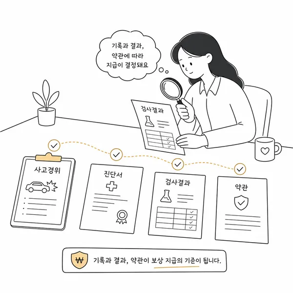 보험금 청구에 필요한 진단서 검사결과 사고경위 약관을 검토하는 일러스트