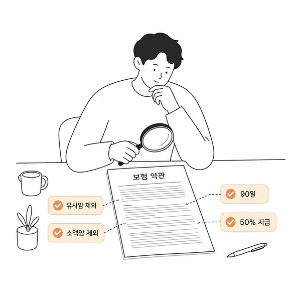 보험 약관에서 유사암 제외 소액암 제외 90일 50퍼센트 지급 문구를 확인하는 모습