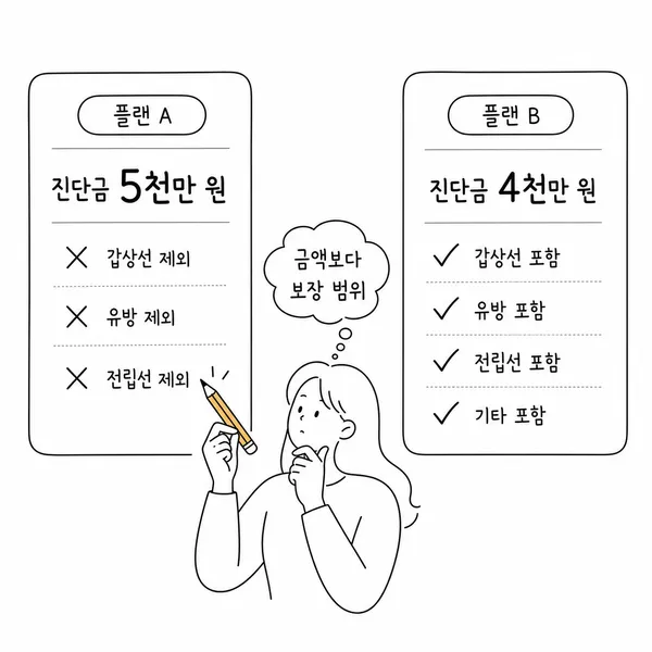 암보험 선택 시 진단비 총액보다 제외되는 암을 비교하는 모습