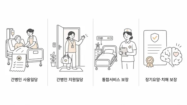 민간 간병보험의 네 가지 핵심 보장을 설명한 인포그래픽