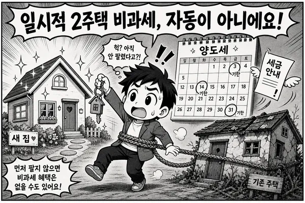 새집 열쇠를 들고 기존 주택과 세금 기한을 걱정하는 집주인 일러스트