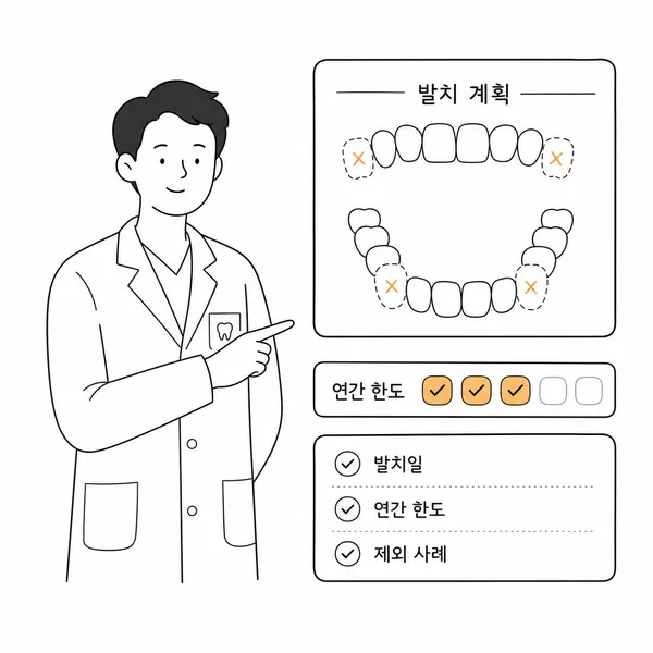 임플란트 보장 한도와 발치 기준을 치과 차트로 설명한 그림