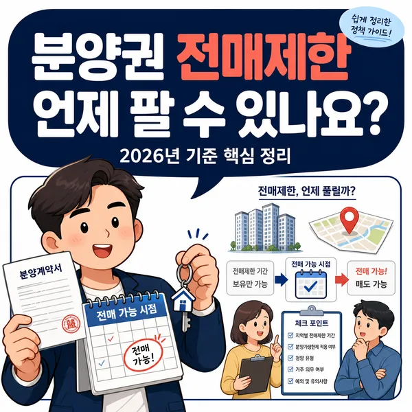 분양권 전매제한과 매도 가능 시점을 설명하는 한국어 부동산 정책 포스터