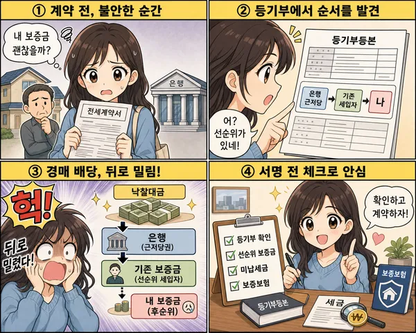 전세 계약 전 선순위 권리를 확인하는 세입자의 4컷 만화