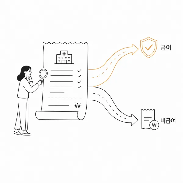병원 영수증에서 급여 본인부담금과 비급여 비용을 구분하는 이미지