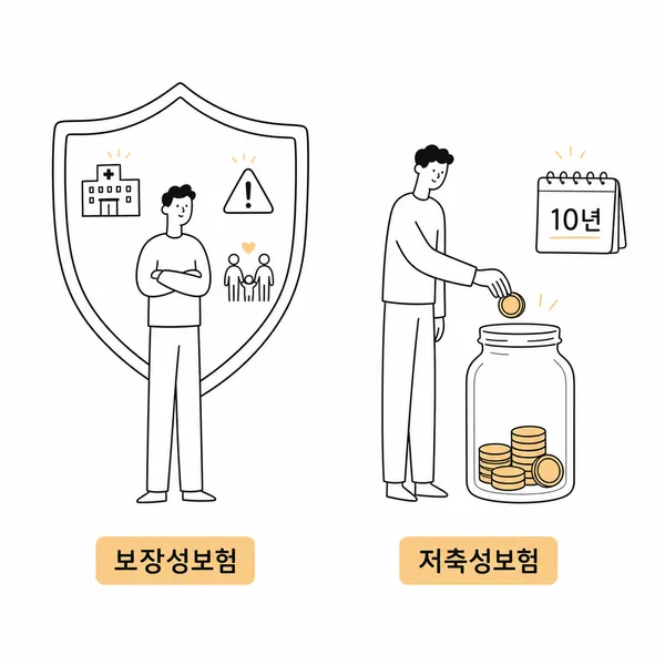 보장성보험은 위험 대비, 저축성보험은 장기 저축이라는 설명 이미지