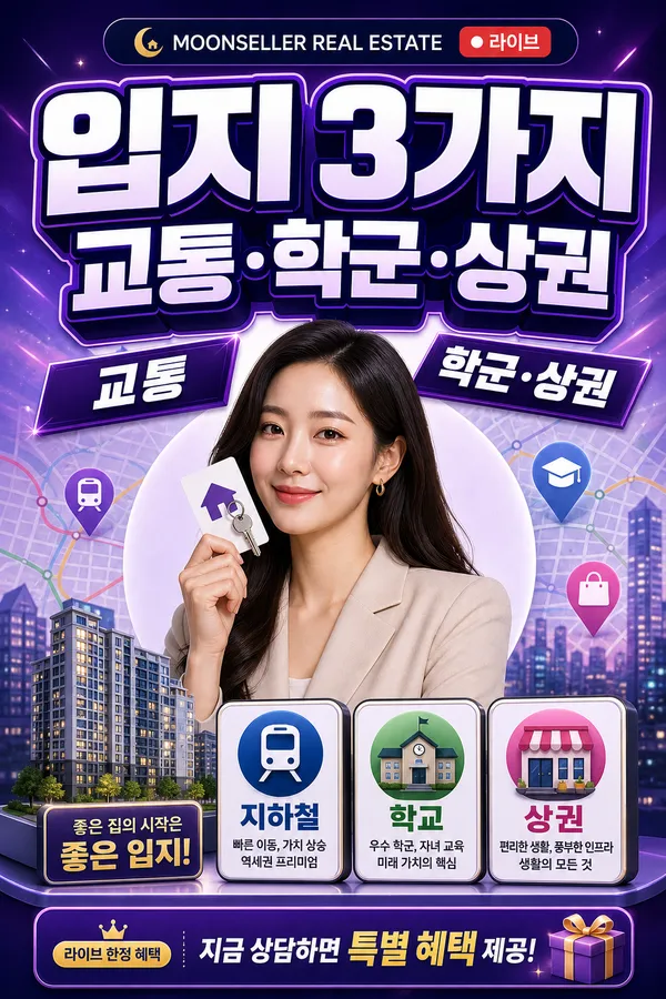 집을 고를 때 확인해야 할 교통 학군 상권 3가지 입지 요소를 강조한 메인 이미지