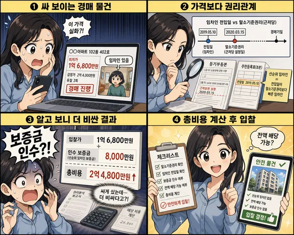 임차인이 있는 경매 물건의 권리관계와 총비용 계산을 설명하는 4컷 만화형 인포그래픽