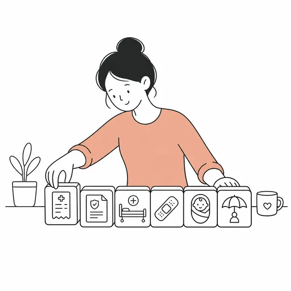 부모가 어린이보험 보장 블록을 실손, 진단비, 수술비, 상해, 태아특약, 배상책임 순서로 정리하는 그림
