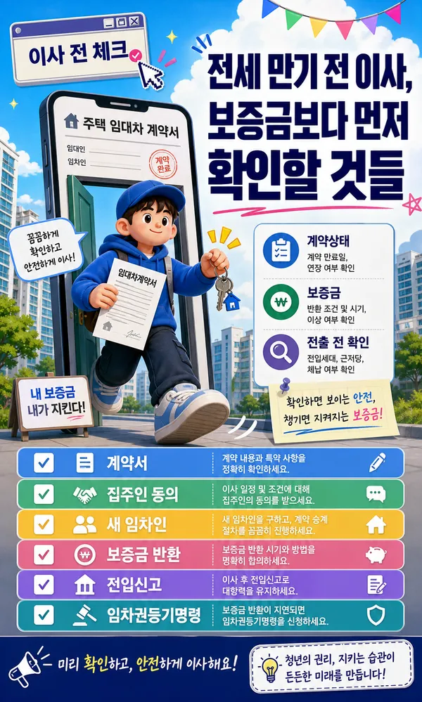 전세 만기 전 이사할 때 계약 상태와 보증금 반환을 먼저 확인하라는 안내 포스터