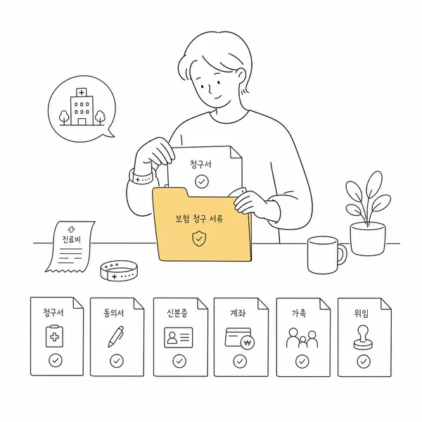 보험금 청구서와 개인정보 동의서, 신분증, 계좌 정보를 준비하는 모습