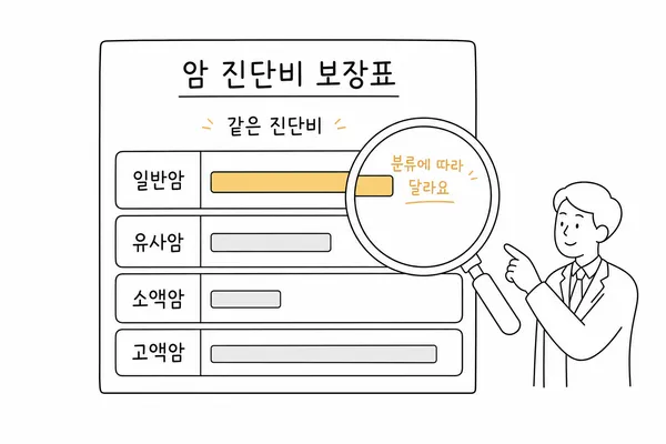 일반암 유사암 소액암 고액암 분류에 따라 진단비가 달라질 수 있음을 보여주는 보험 약관 이미지