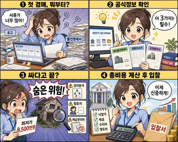 부동산 경매 초보자가 절차와 권리분석을 확인한 뒤 신중하게 입찰하는 과정을 그린 4컷 만화 이미지