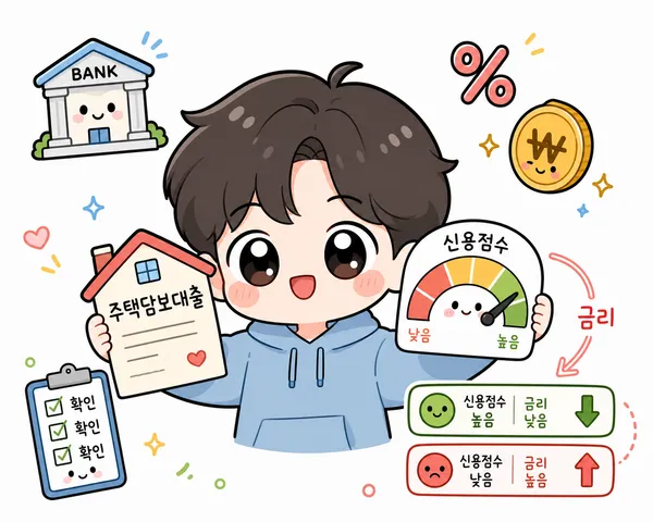주택담보대출 서류와 신용점수 측정기를 들고 있는 귀여운 집주인 캐릭터