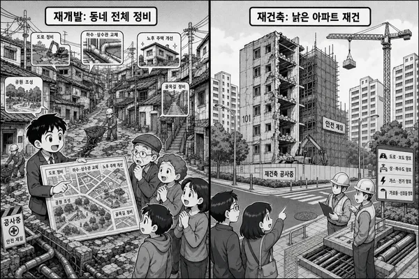 재개발은 동네 기반시설을 함께 고치고 재건축은 낡은 아파트를 다시 짓는 차이를 보여주는 그림