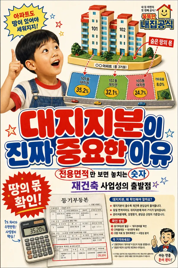 대지지분이 중요한 이유를 설명하는 아파트와 토지 지분 포스터 이미지