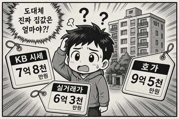 KB시세, 실거래가, 매물 호가를 비교하며 집값을 확인하는 주택 매수자 일러스트