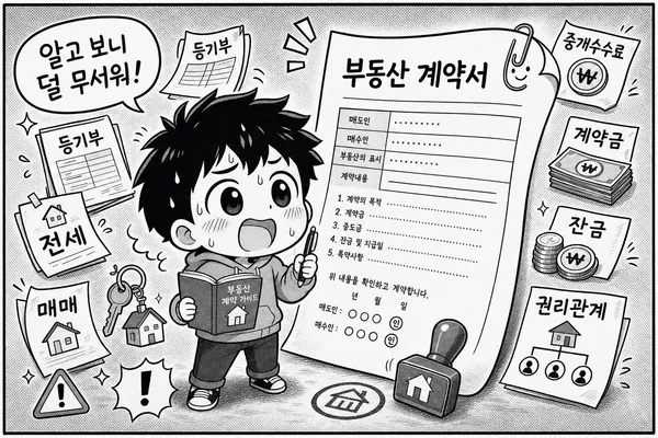 부동산 계약서 앞에서 긴장한 초보자가 용어를 익히며 안심하는 만화풍 이미지