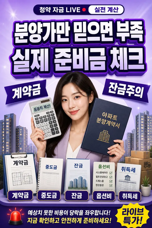 분양가와 실제 준비금 차이를 설명하는 청약 자금 안내 이미지