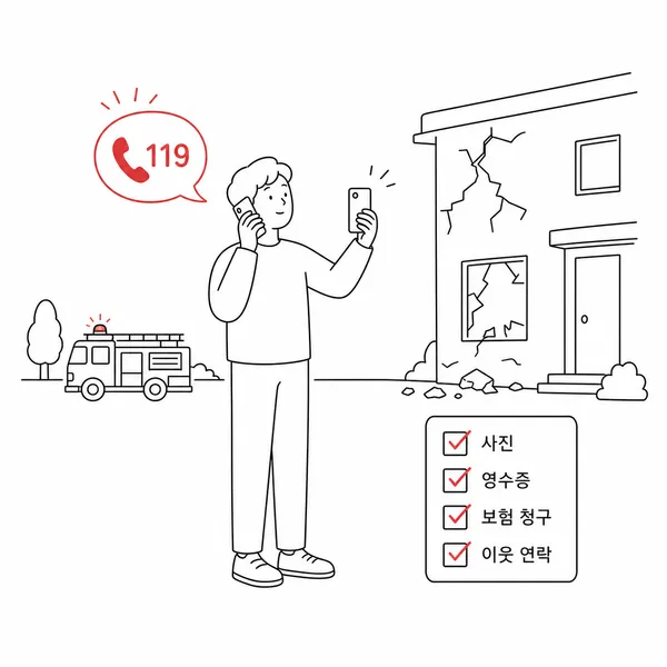 화재 후 안전한 장소에서 신고하고 피해 사진과 서류를 기록하는 대응 절차 일러스트