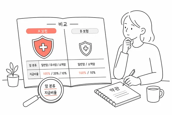 일반암과 소액암의 보장 분류를 비교하는 보험 약관 이미지