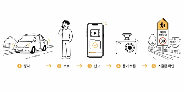 스쿨존 사고 직후 정차와 신고, 증거 보존 절차를 안내하는 일러스트