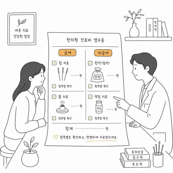 한의원 진료비 영수증에서 급여와 비급여 항목을 구분해 확인하는 모습