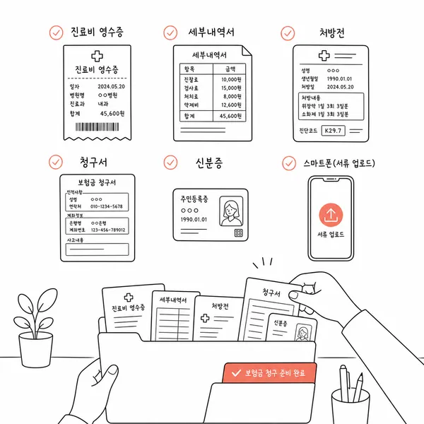한의원 실손보험 청구에 필요한 영수증과 진료비 세부내역서 등 서류를 준비하는 모습