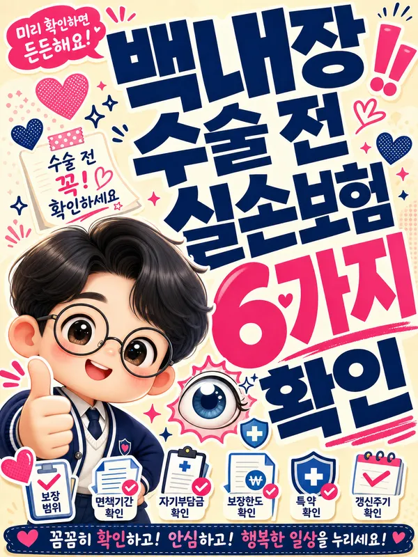 백내장 수술 전 실손보험 6가지 확인을 안내하는 안경 쓴 캐릭터 포스터