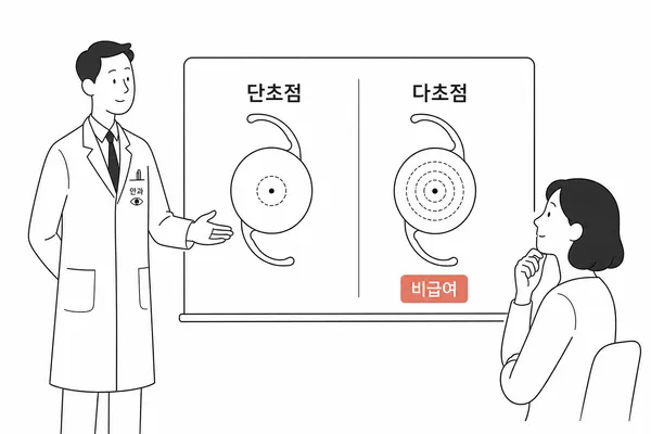 안과 의사가 단초점 인공수정체와 다초점 인공수정체의 차이를 설명하는 그림