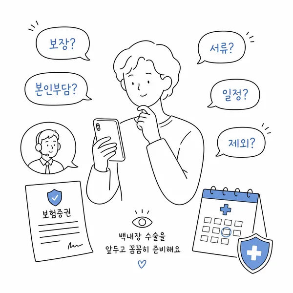 수술 전 스마트폰으로 실손보험 약관과 보장 질문을 확인하는 사람 그림