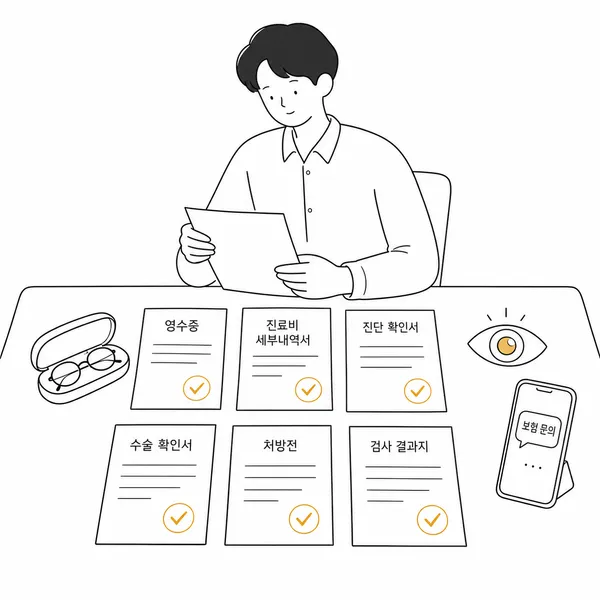 백내장 수술 실손보험 청구를 위해 영수증과 진단서 등 서류를 정리하는 모습