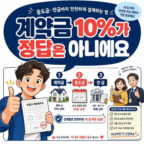 계약금과 중도금, 잔금의 주택 매매 지급 일정을 안내하는 일러스트
