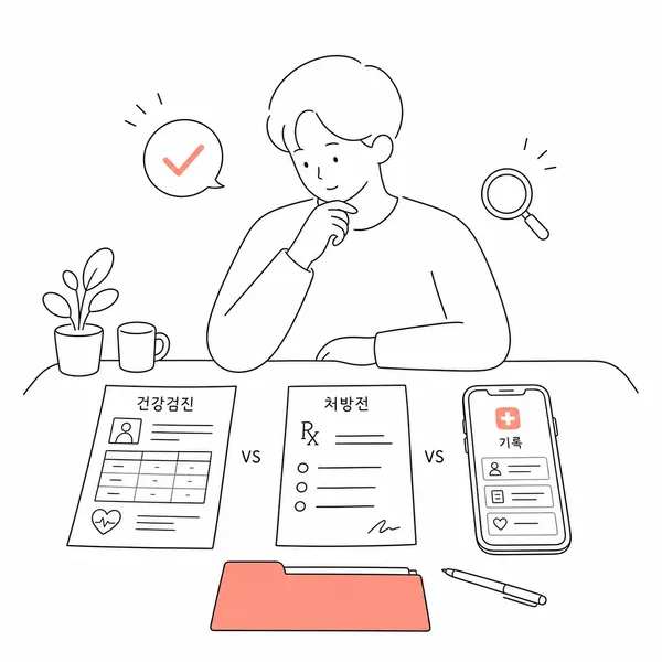 건강검진 결과지와 처방전, 의료기록 앱을 확인하는 모습