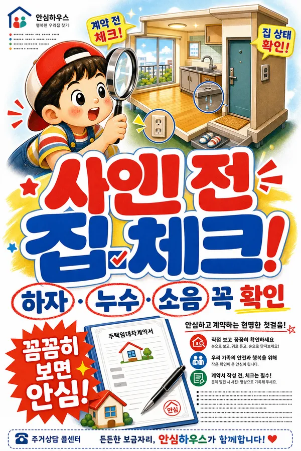 돋보기로 집 상태를 꼼꼼히 살피는 전월세 집 보러가기 안내 일러스트