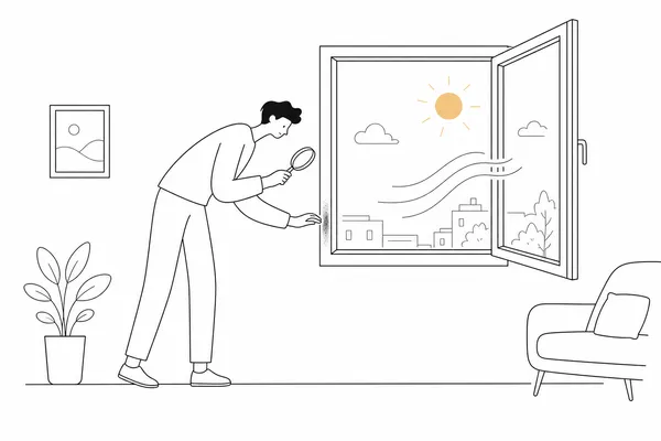 창문과 창틀을 살피며 채광과 습기를 확인하는 임차인 일러스트