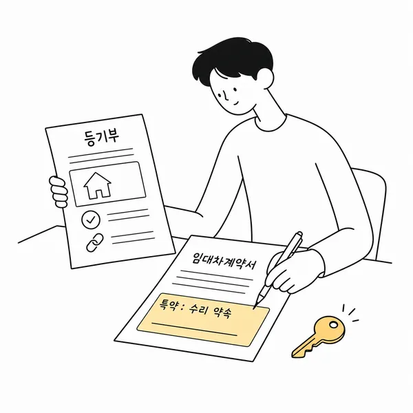 등기부와 임대차계약서를 비교하며 특약을 작성하는 임차인 일러스트