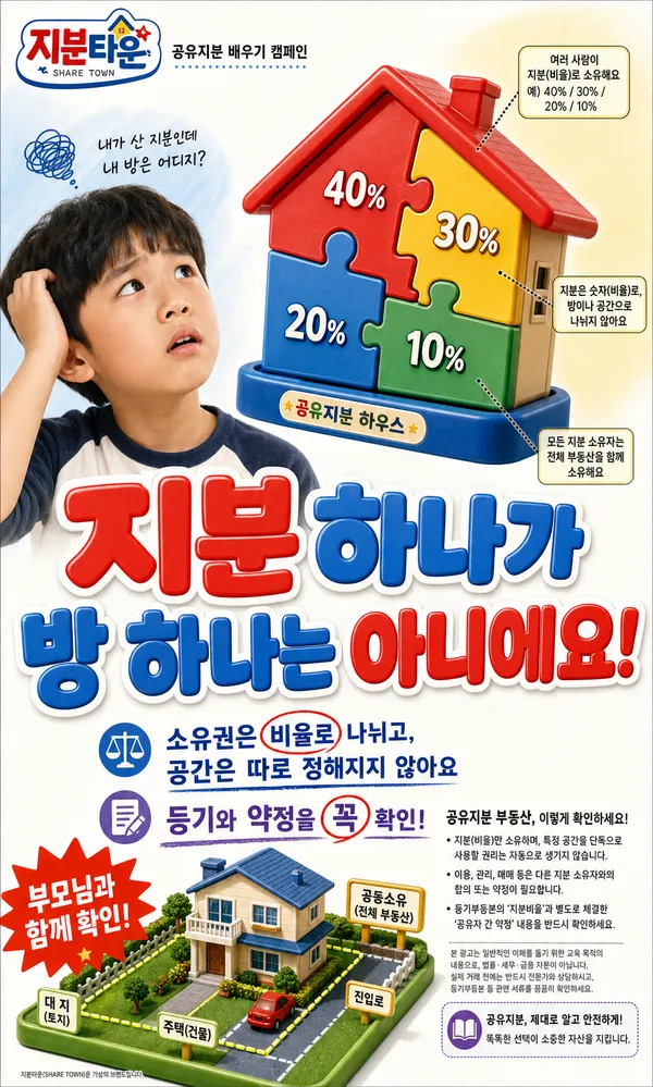 공유지분 부동산 투자에서 특정 공간 소유가 아니라는 위험을 알리는 일러스트