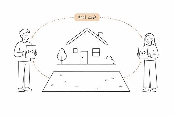 두 사람이 주택과 토지 전체에 대한 2분의 1 지분을 보유하는 공유지분 개념 일러스트